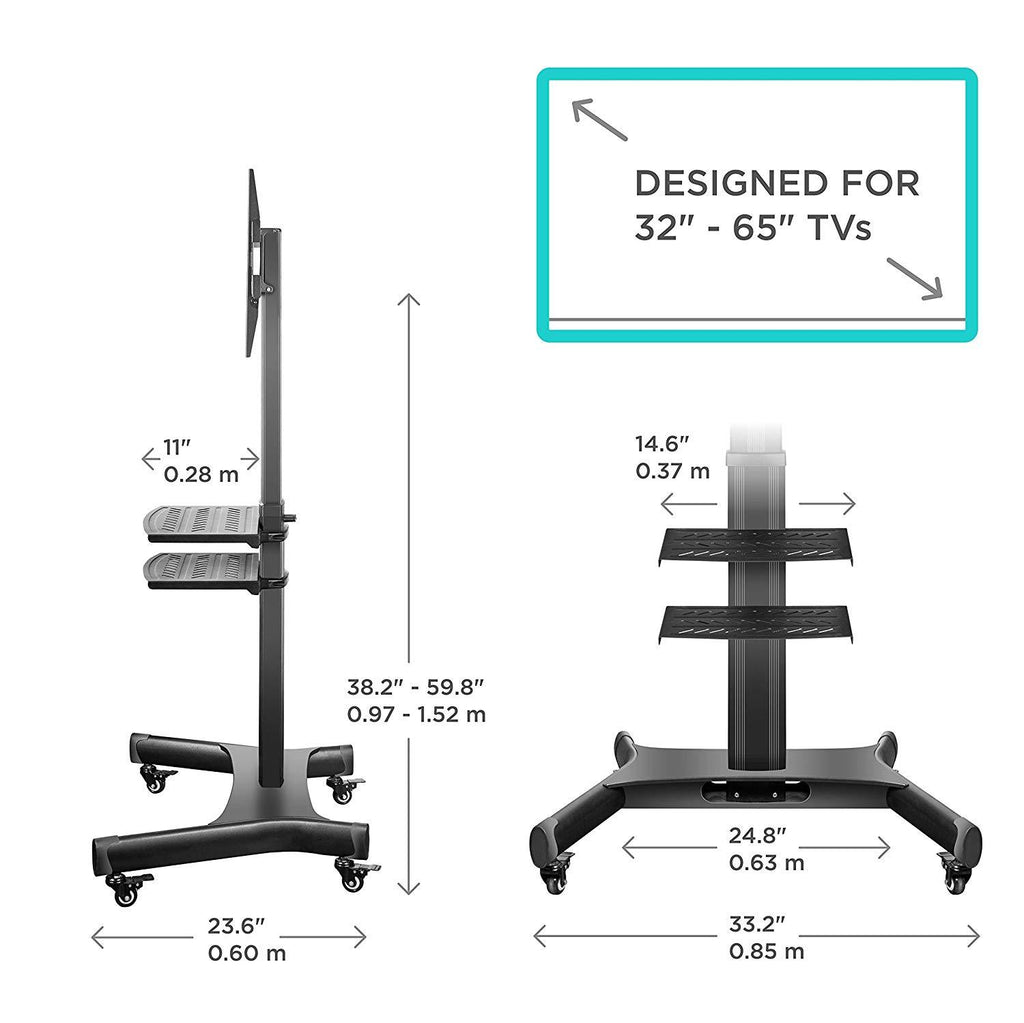 Mobile TV Stand TV Cart for 32”–65” screens Height Adjustable TV Trolley TS1661 Black - Onkron