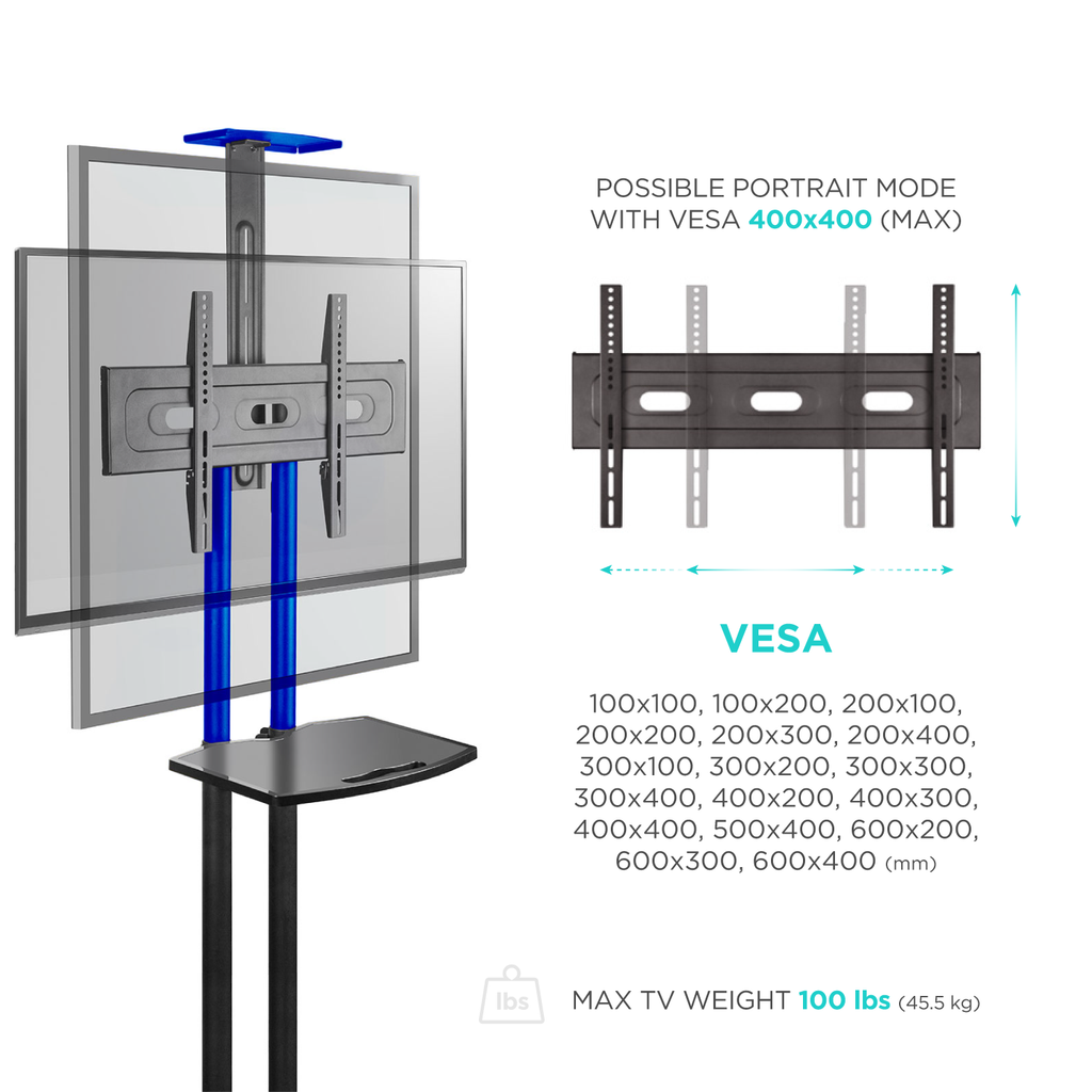 Mobile TV Stand for 40-70” TVs with Wheels Shelves Height Adjustable Rolling TV Cart - Onkron