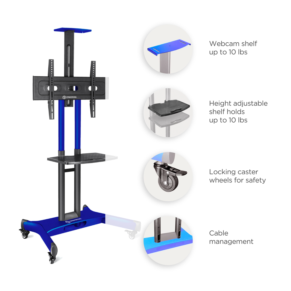 Mobile TV Stand for 40-70” TVs with Wheels Shelves Height Adjustable Rolling TV Cart - Onkron