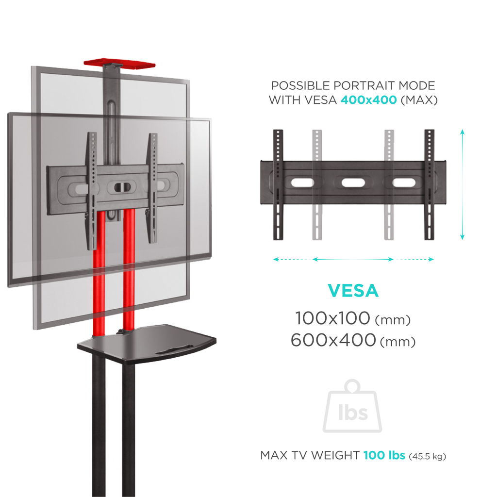 Mobile TV Stand for 40-70” TVs with Wheels Shelves Height Adjustable Rolling TV Cart - Onkron