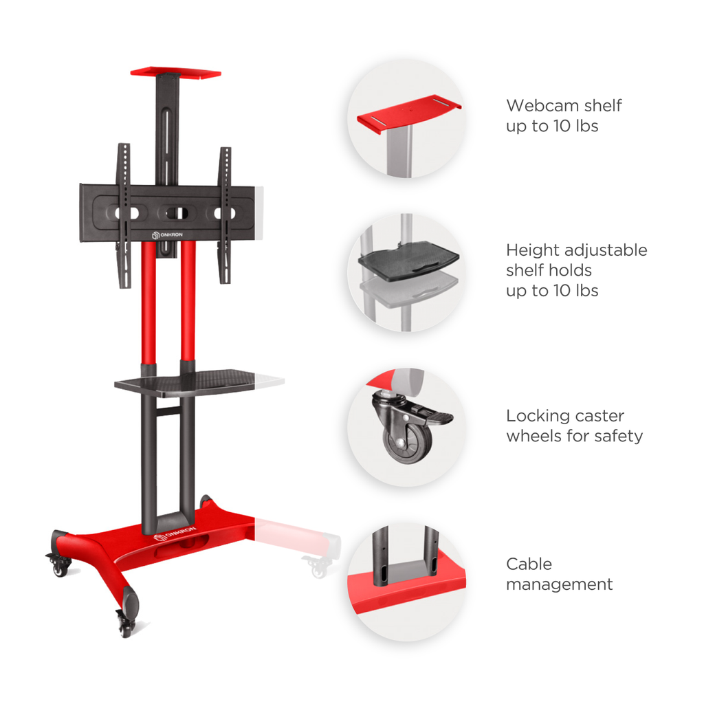 Mobile TV Stand for 40-70” TVs with Wheels Shelves Height Adjustable Rolling TV Cart - Onkron