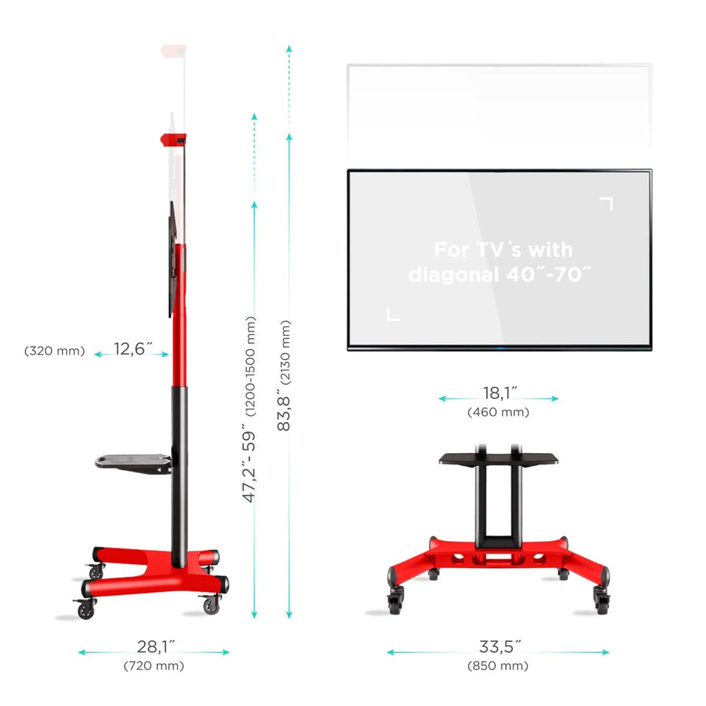 Mobile TV Stand for 40-70” TVs with Wheels Shelves Height Adjustable Rolling TV Cart - Onkron