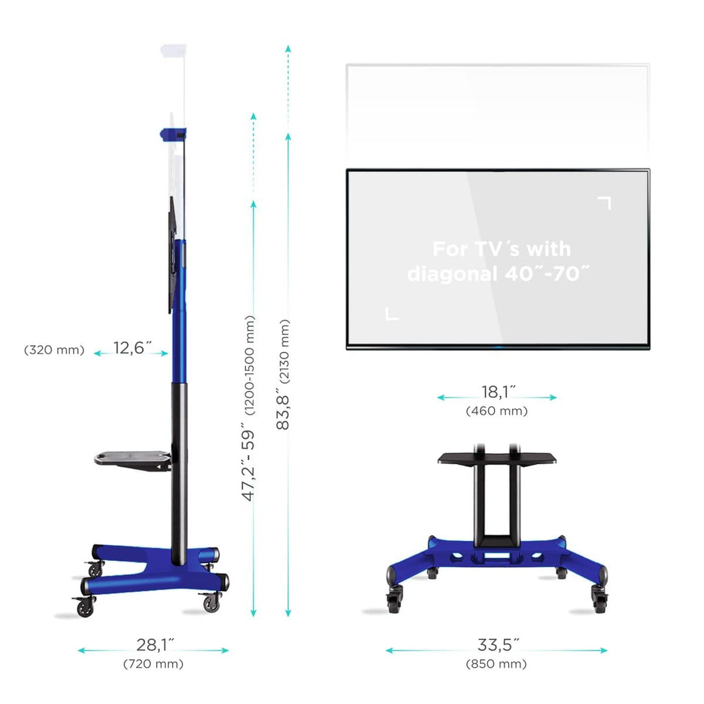 Mobile TV Stand for 40-70” TVs with Wheels Shelves Height Adjustable Rolling TV Cart - Onkron